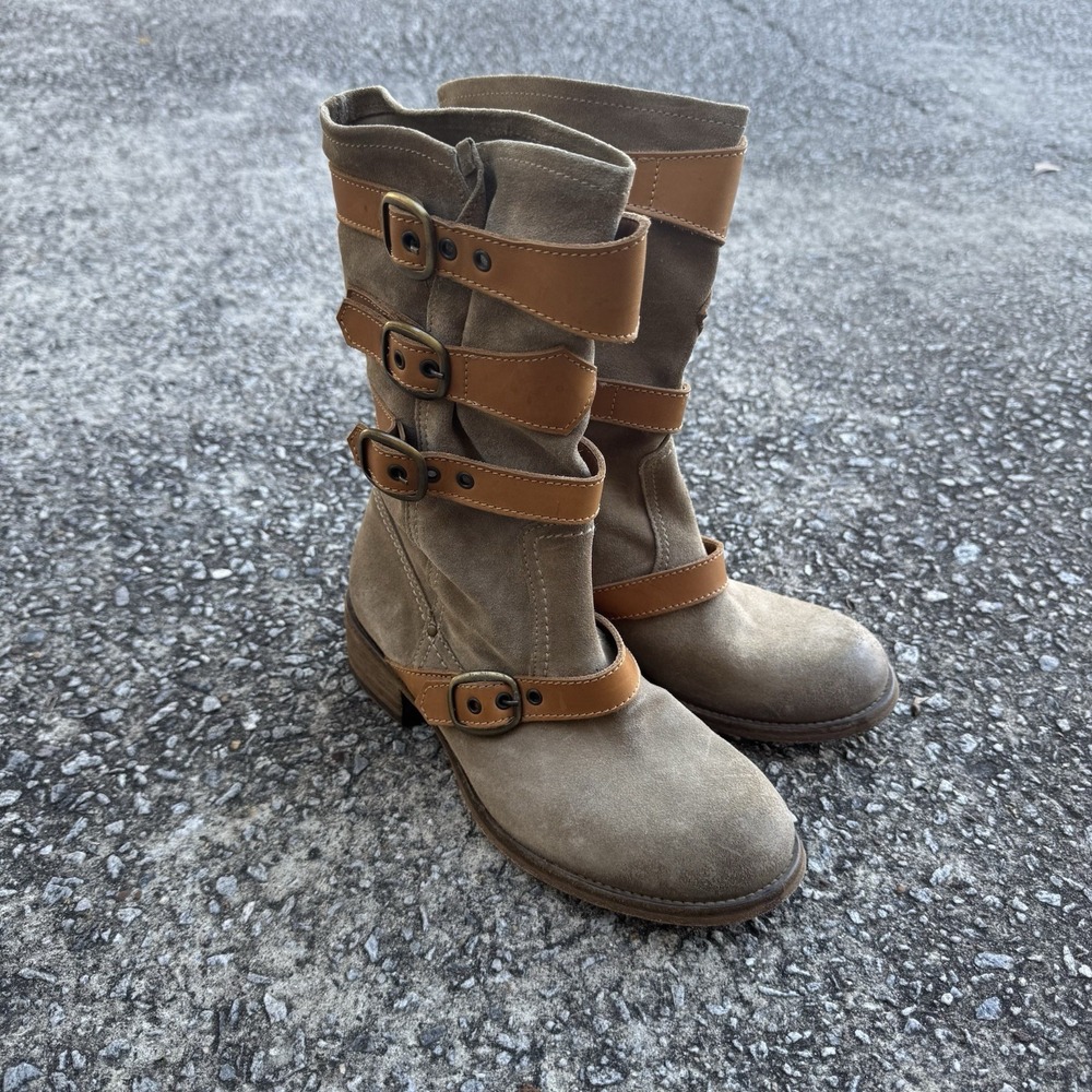 Strategia Boots Womens 38.5 (US 8.5) Tan Suede Leather Straps Moto Made in Italy